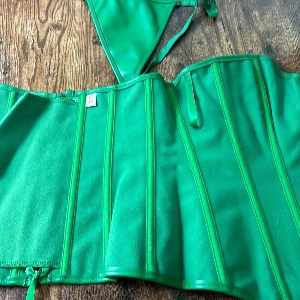 New green corset vegan leather front zip/back lace up Halloween XL - Picture 6 of 8